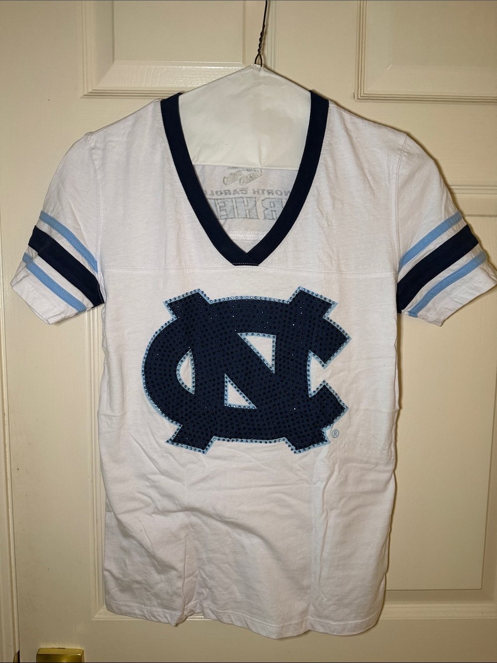 University of North Carolina V-Neck Tee - White with Navy & Carolina Blue